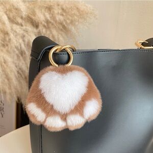 Furry Rex Real Rabbit fur pompom keychain-cat paw-KC037 Brown Paw White Heart